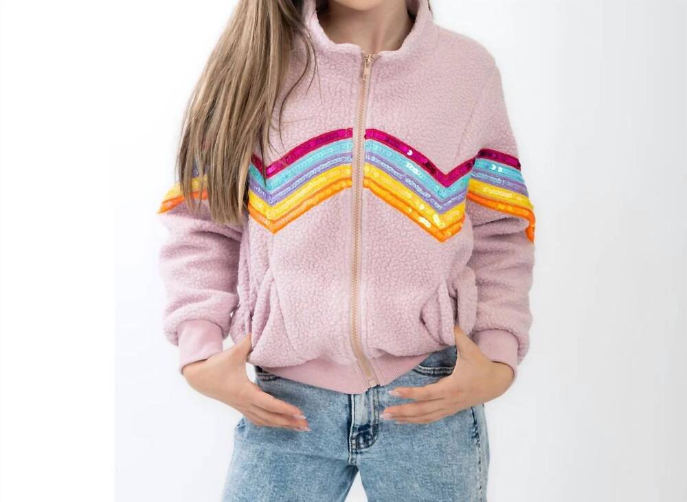 NEW TWEENSTYLE rainbow sequin trim zip front sherpa jacket in dusty rose